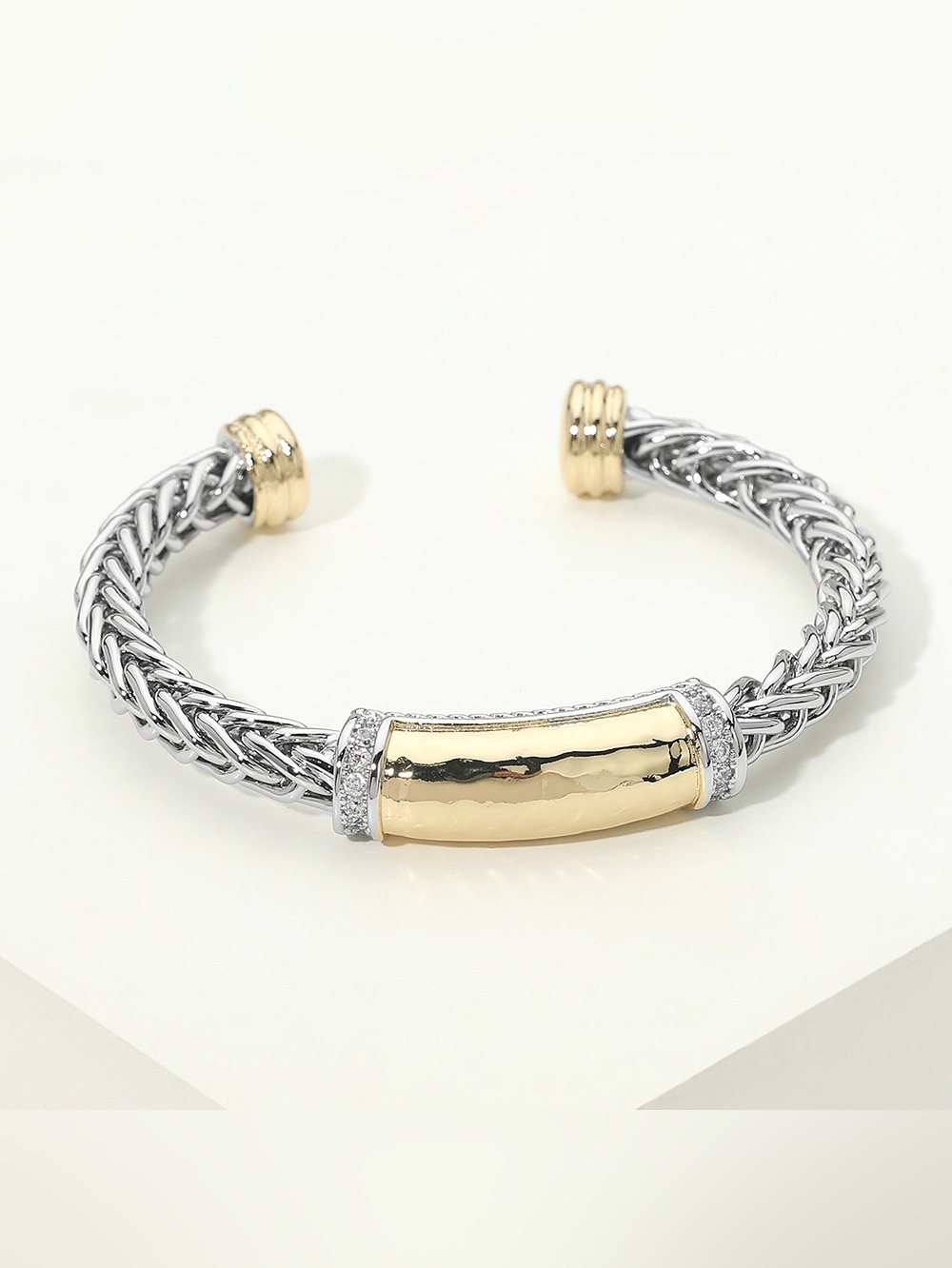14K Gold Plated Two Tone CZ Pave Bar Accent Braided Cuff Bracelet